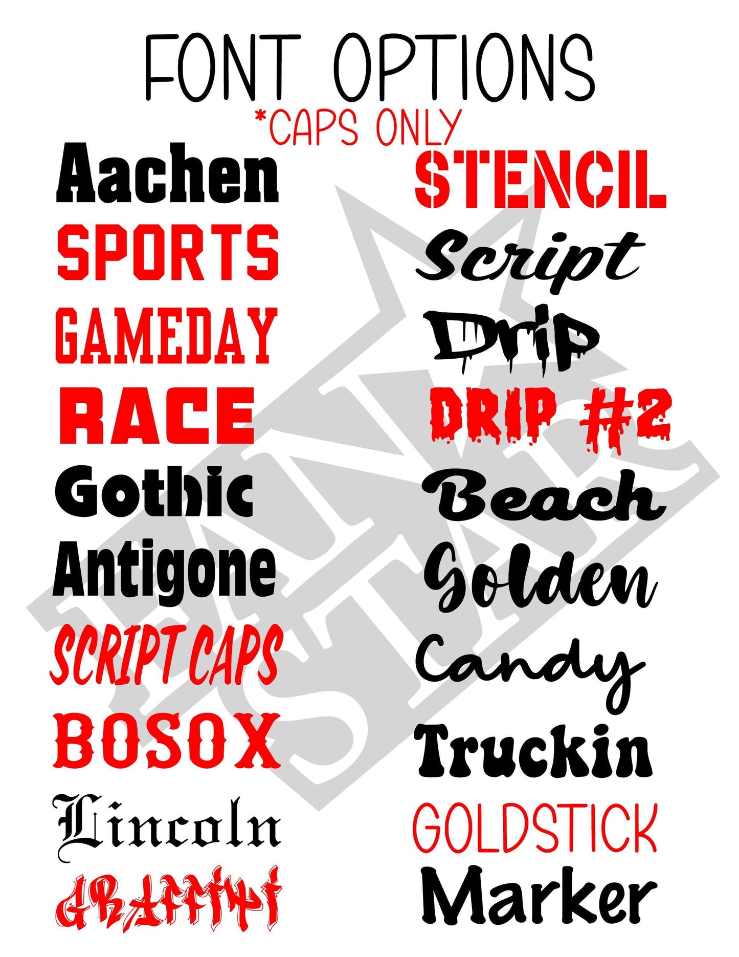 a collection of various font options, including "Aachen", "Sports", "Gameday", "Race", "Gothic", "Antigone", "Script caps", "Candy", "Truckin", "Beach", "Golden", "Goldstick Marker", and "Lincoln". These font options are presented in a stylized manner, with some text in red and others in black. The image does not contain any text that is less than 500 characters, and it does not describe each individual font option in detail.