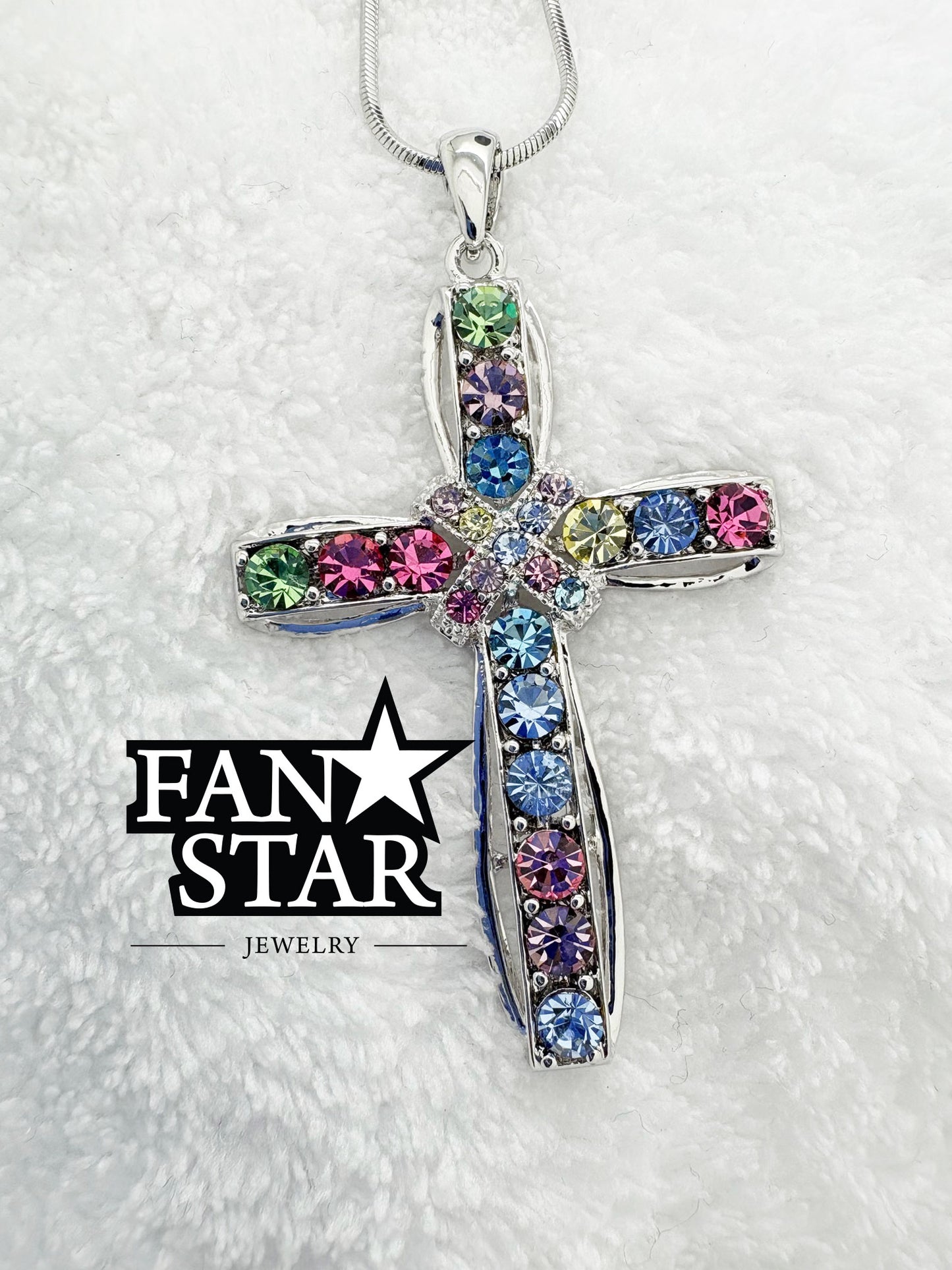 Rhodium Plated Cross Pendant with Vibrant Crystals and Various Size Chain