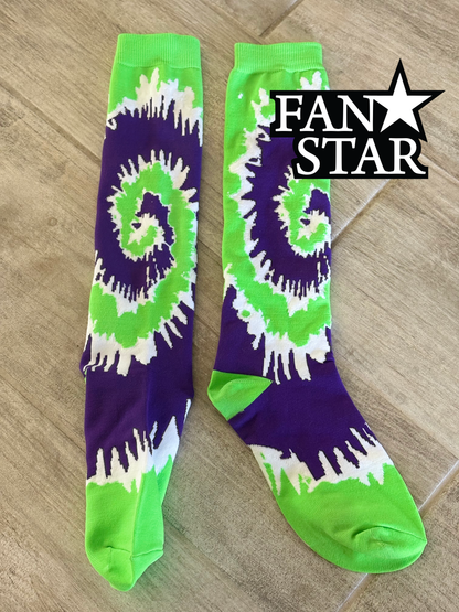 Purple, Lime, and White Tie Dye Woven Knee-High Socks Fits Sizes 4-10