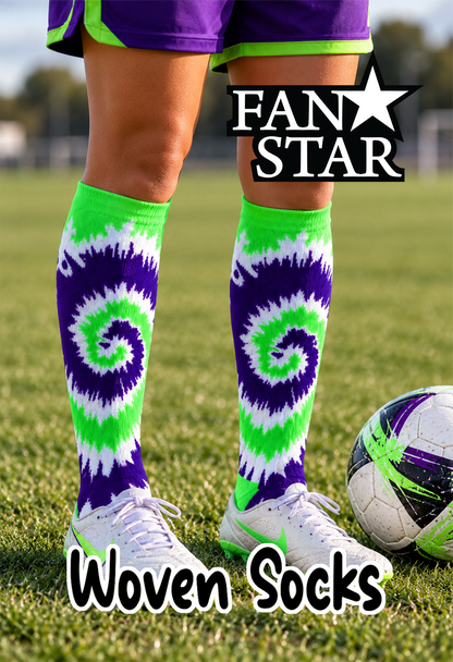 Purple, Lime, and White Tie Dye Woven Knee-High Socks Fits Sizes 4-10
