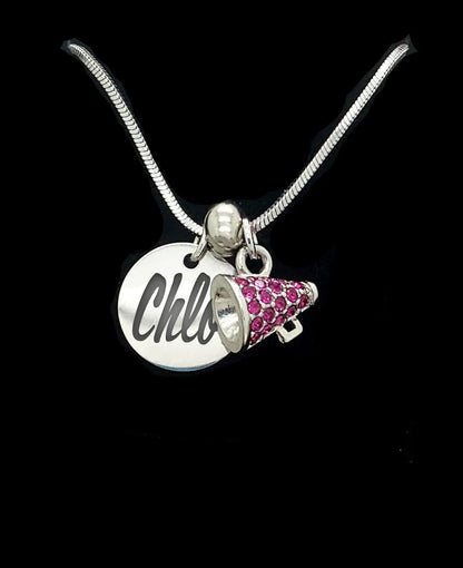 Personalized Cheerleader Megaphone Necklace – Engraved Name Disc & Crystal Cheer Charm