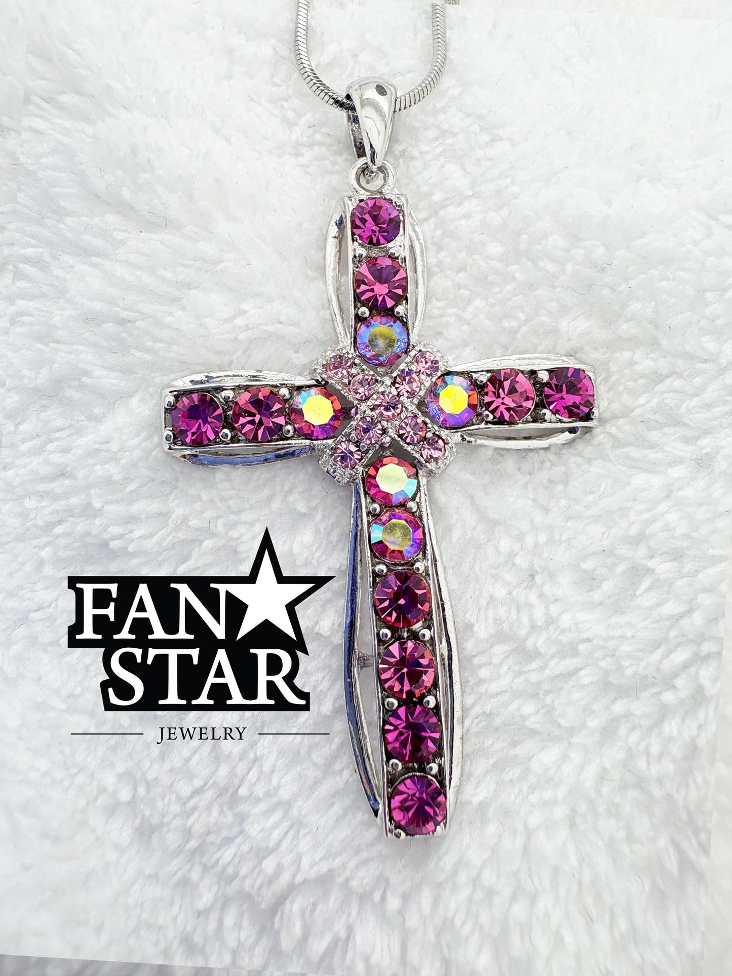Rhodium Plated Cross Pendant with Vibrant Crystals and Various Size Chain