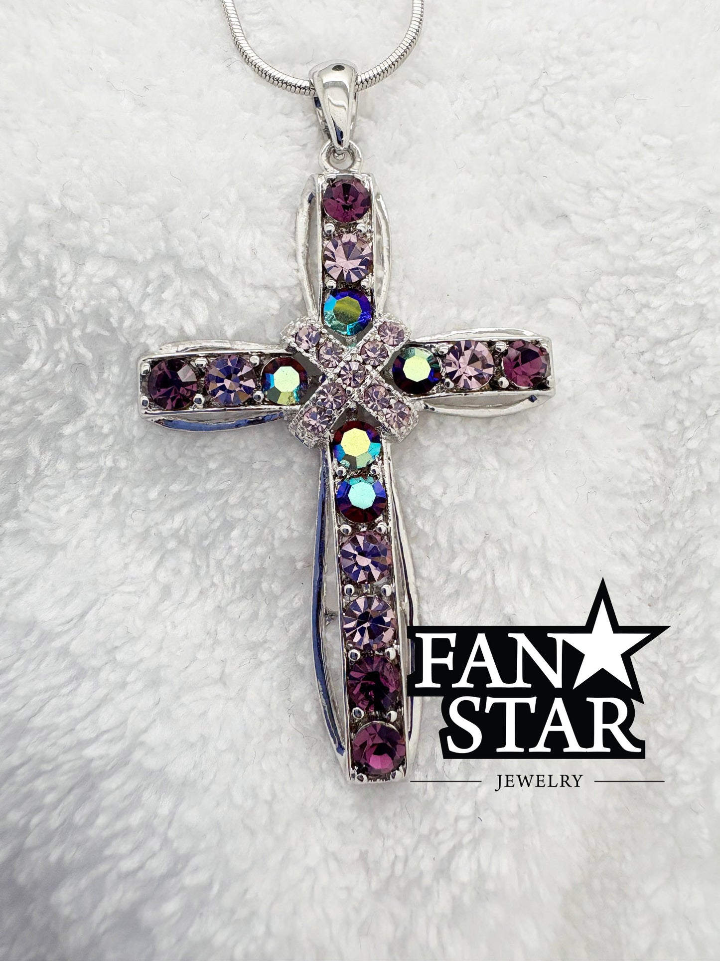Rhodium Plated Cross Pendant with Vibrant Crystals and Various Size Chain