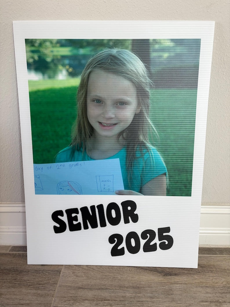 Custom senior sign with childhood school photo