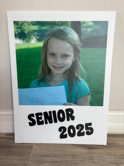 Custom senior sign with childhood school photo