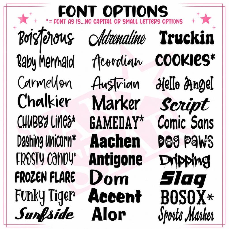 Senior photo sign font options chart