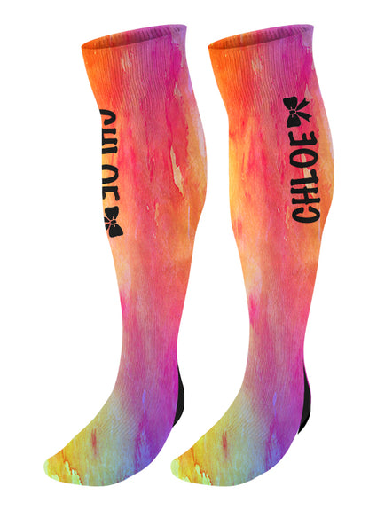 Personalized Cheer Bow Knee High Socks, Watercolor Background, Custom Cheer Team Socks