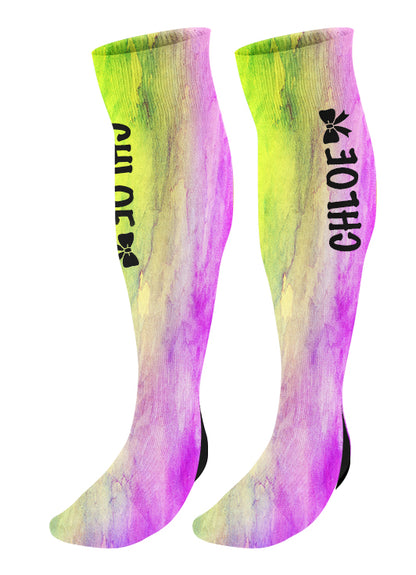 Personalized Cheer Bow Knee High Socks, Watercolor Background, Custom Cheer Team Socks
