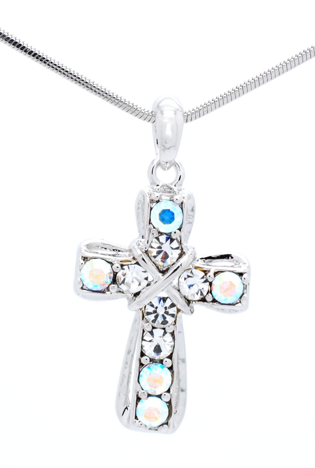 Crystal Cross Necklace - Small Cross Pendant with Rhinestones & Rhodium Plated Chain