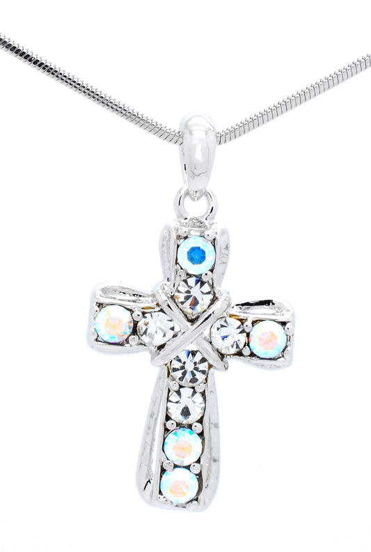 Crystal Cross Necklace - Small Cross Pendant with Rhinestones & Rhodium Plated Chain