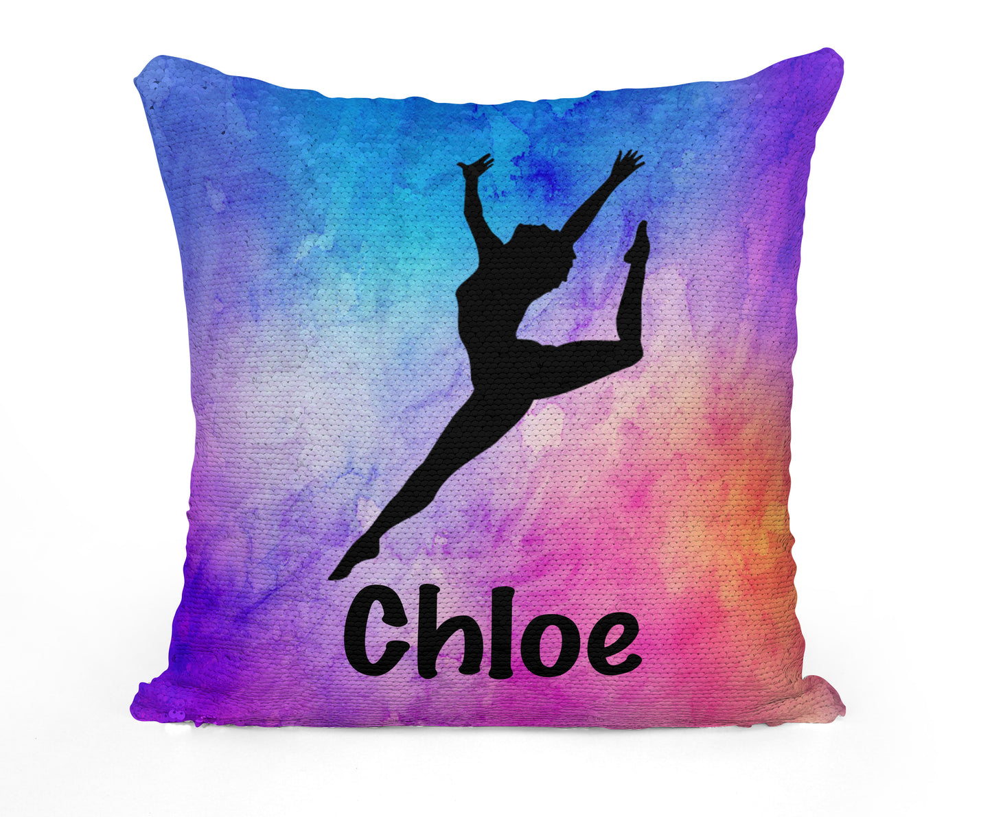 Personalized Dancer Sequin Mermaid Flip Pillow with Watercolor Background