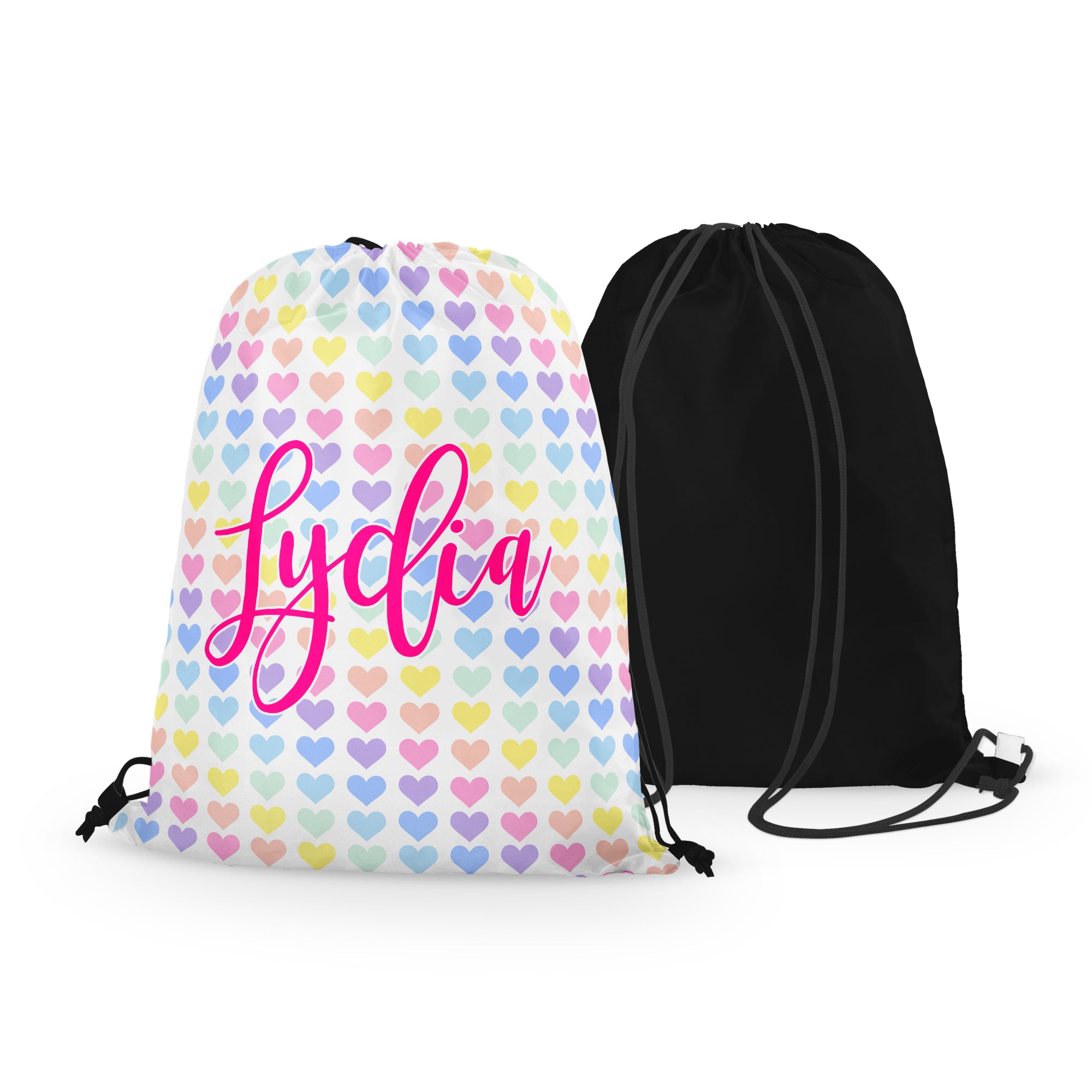 Personalized Rainbow Hearts Drawstring Bag