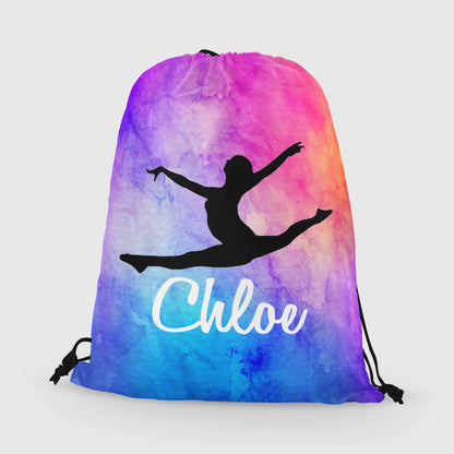 Personalized Gymnast Drawstring Bag, Custom Gymnast Leaping Beam Drawstring Backpack Bag