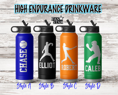 Engraved Baseball Stainless Steel Water Bottle, Choose Your Customizations
