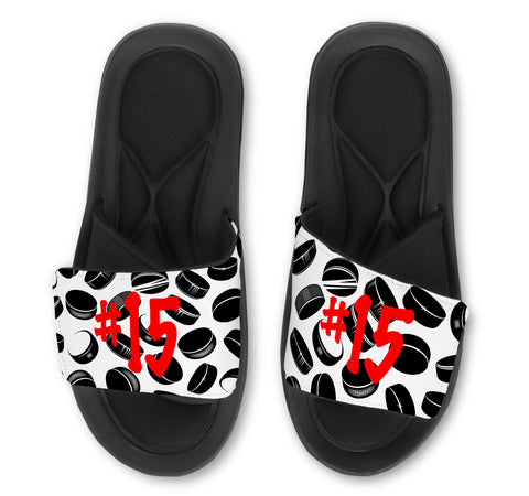 Hockey Slides with Pucks - Customize with Your Name and/or Number