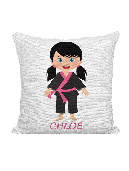 CUSTOM SEQUIN PILLOW - KARATE GIRL with PIGTAILS