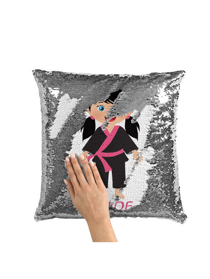 CUSTOM SEQUIN PILLOW - KARATE GIRL with PIGTAILS