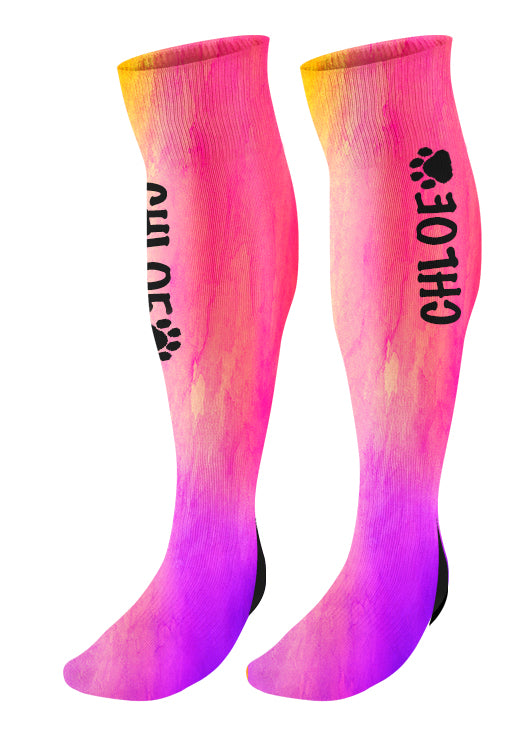Personalized  Paw Print Knee High Socks, Watercolor Background, Custom Mascot Paw Socks