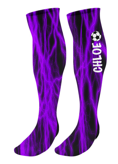 Personalized Soccer Knee High Socks - Lightning Background