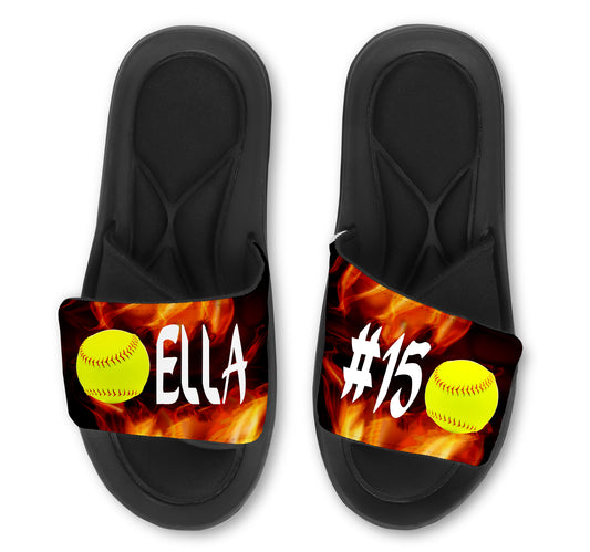 Softball Sandals Slides with Flames- Personalize with Your Name and/or Number