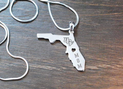 UCF MOM Necklace engraved on the State of Florida Pendant