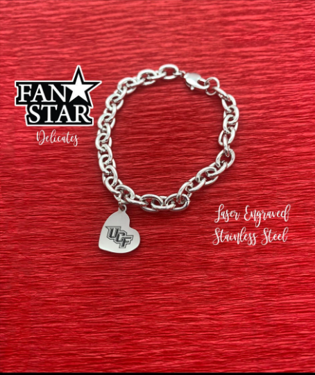 Engraved UCF Heart Chain Link Bracelet - Stainless Steel - Small