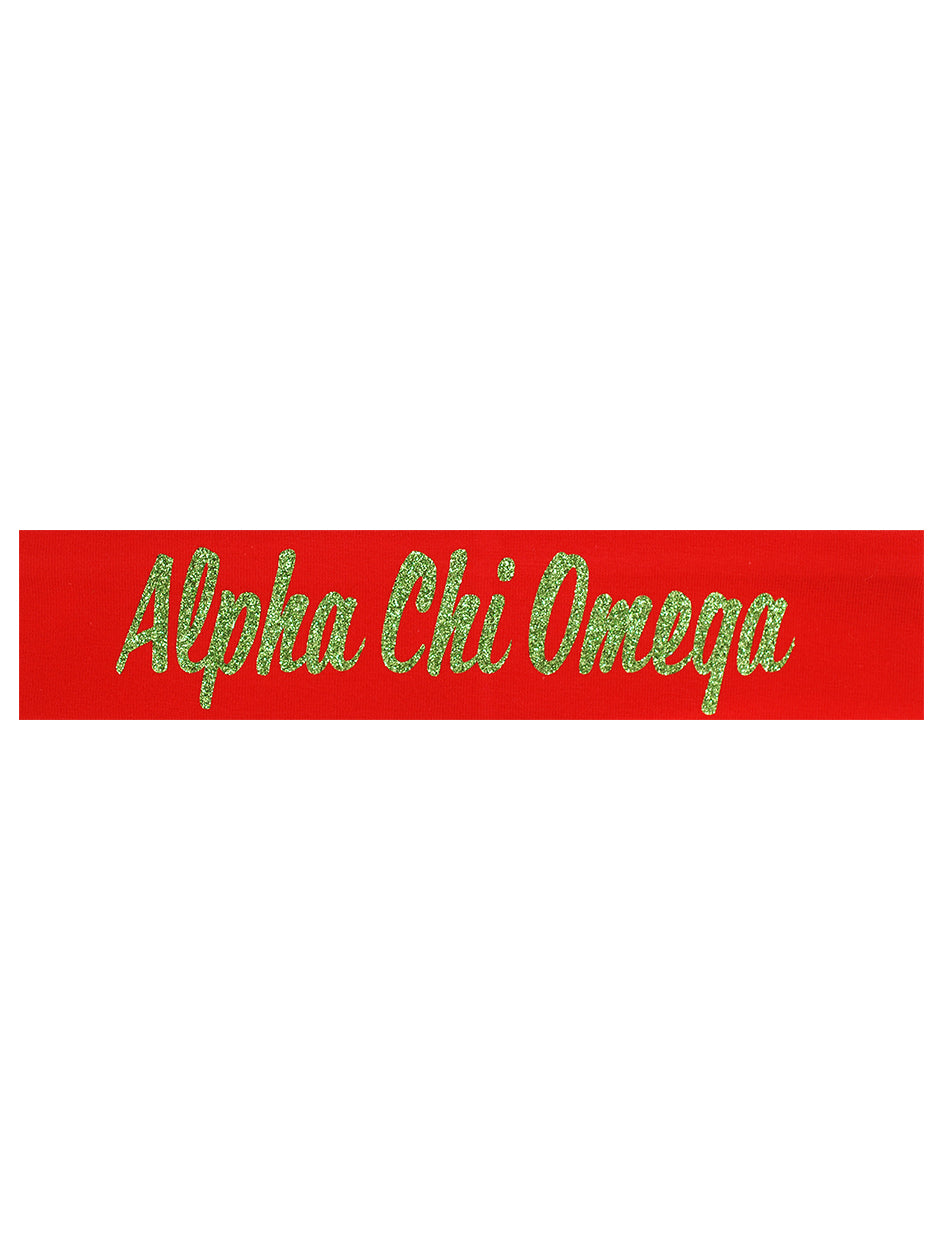 Alpha Chi Omega Headband Script - Red/Green Sparkle