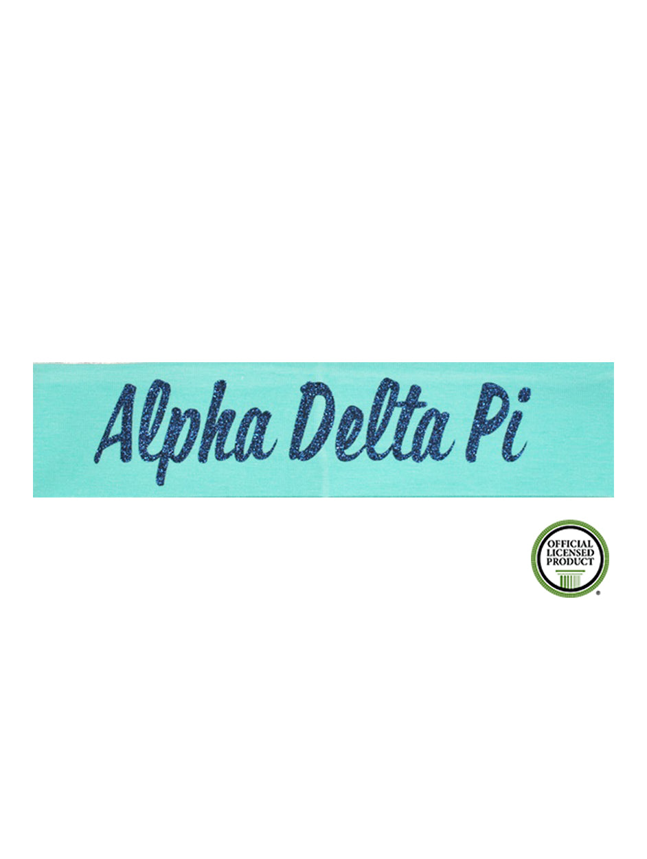 Alpha Delta Pi Headband Script - Aqua/Navy Sparkle