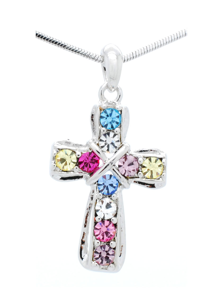 Crystal Cross Necklace - Small Cross Pendant with Rhinestones & Rhodium Plated Chain