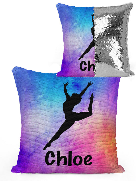 Personalized Dancer Sequin Mermaid Flip Pillow with Watercolor Background