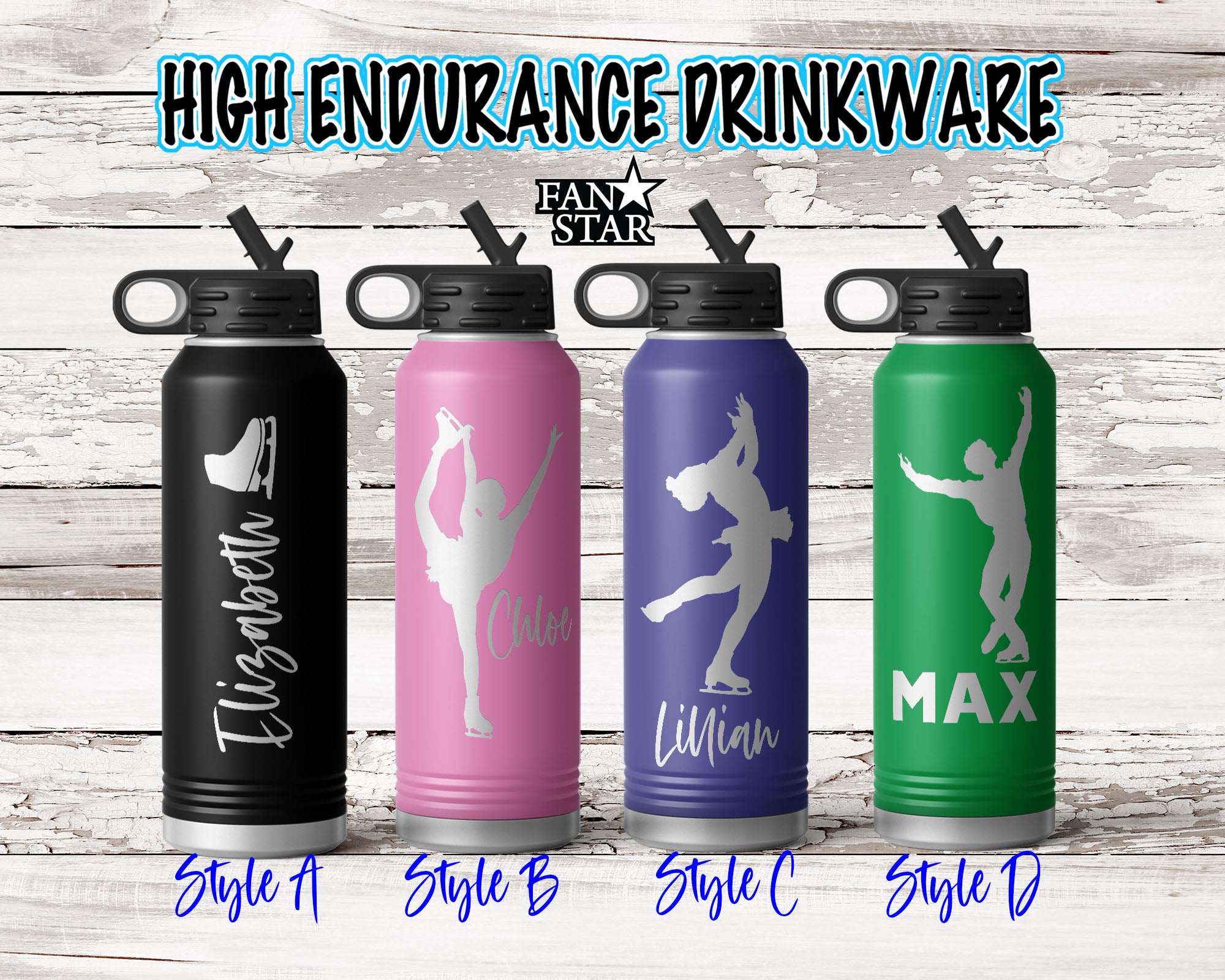 Engraved Figure Skater Stainless Steel Water Bottle, Choose Your Customizations