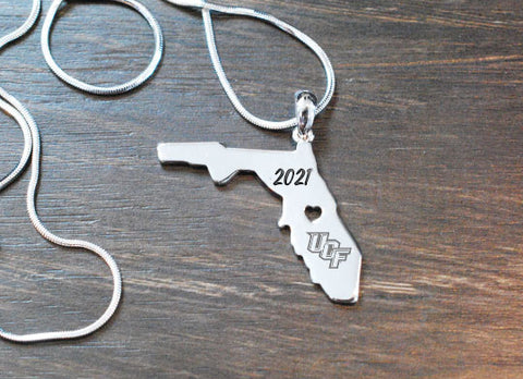 Engraved UCF Graduate Logo Necklace on the State of Florida Pendant