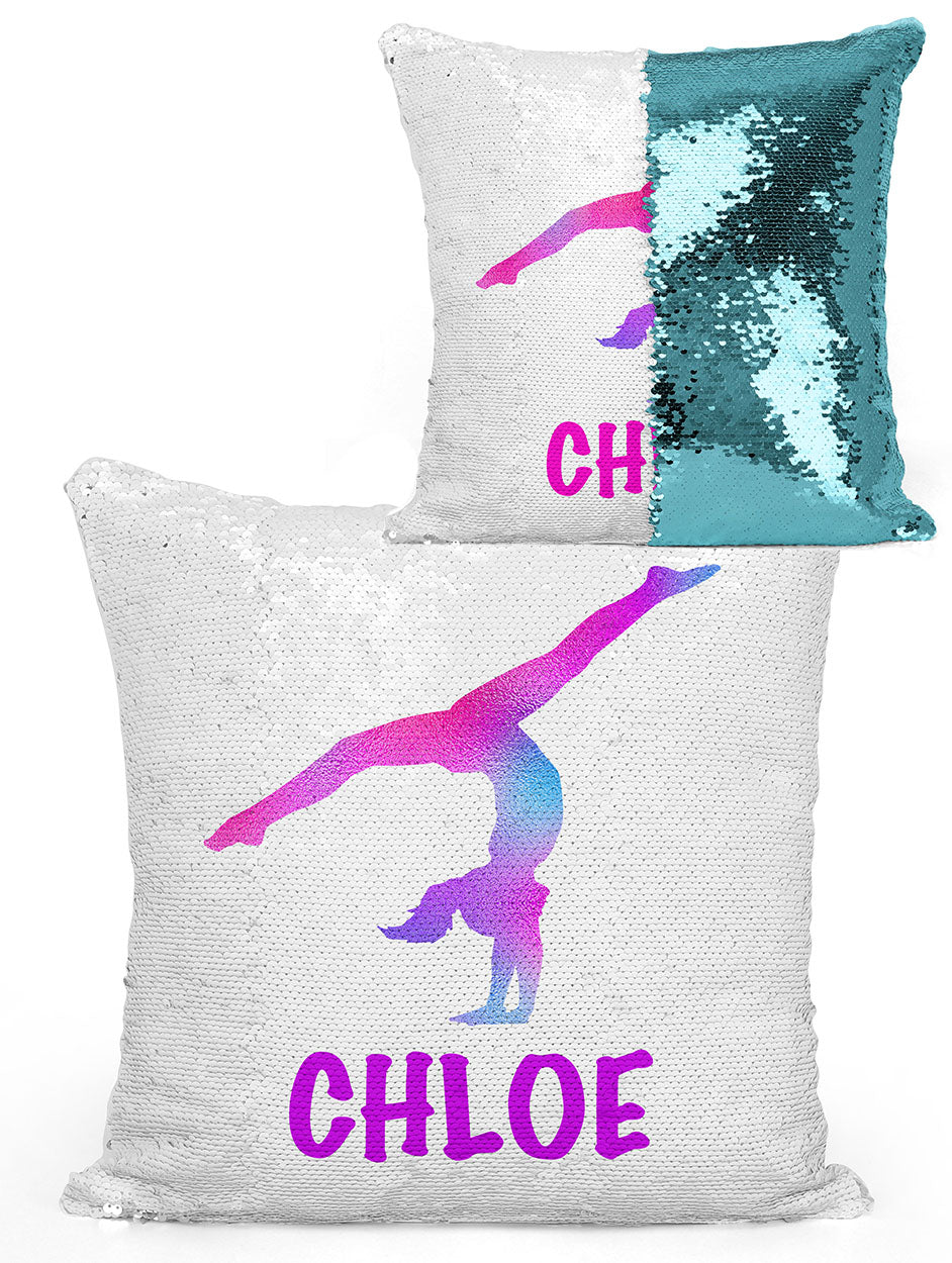 Personalized GYMNAST Mermaid Sequin Flip PILLOW - Blue/Pink Watercolor