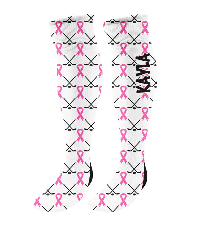 Personalized Ice Hockey Breast Cancer Awareness Ribbon Knee High Socks