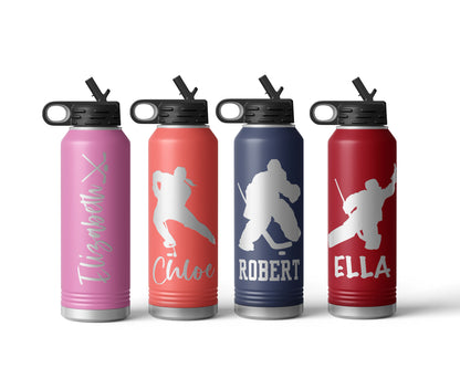 Engraved Hockey Stainless Steel Water Bottle, Choose Your Customizations
