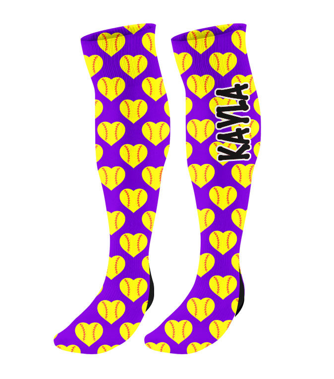 Personalized Softball Knee High Socks with Mini Heart Softballs