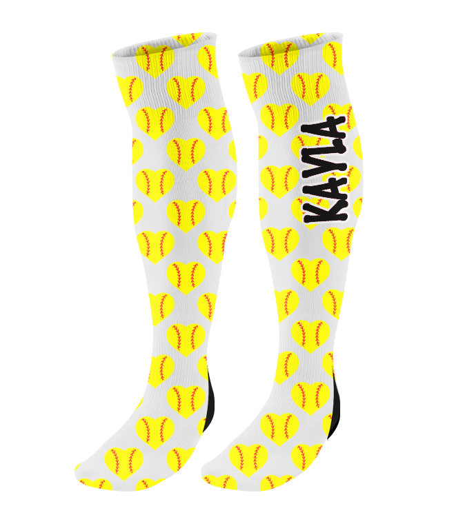 Personalized Softball Knee High Socks with Mini Heart Softballs