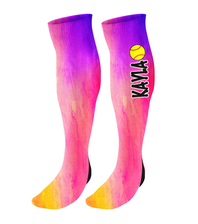 Personalized Softball Knee High Socks - Watercolor Background
