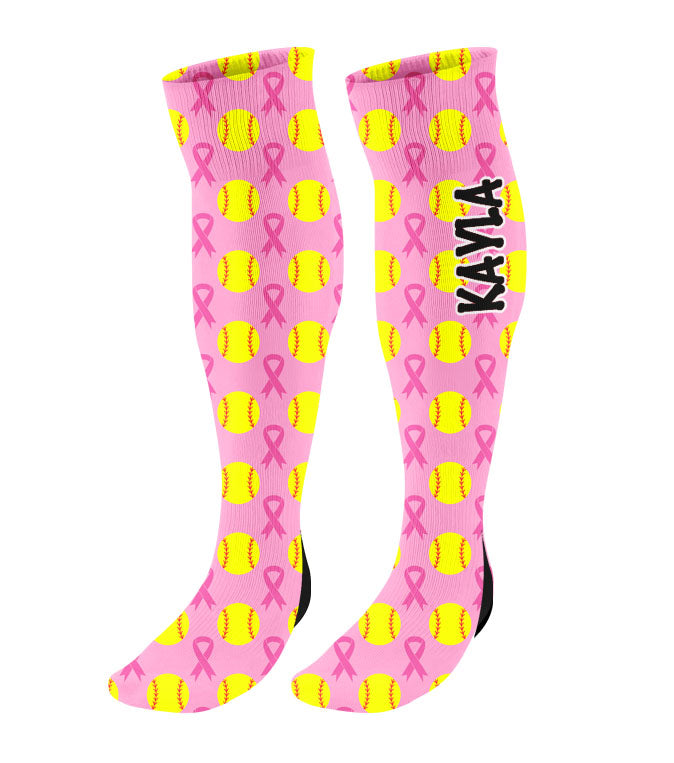 Personalized Softball Breast Cancer Awareness Ribbon Knee High Socks