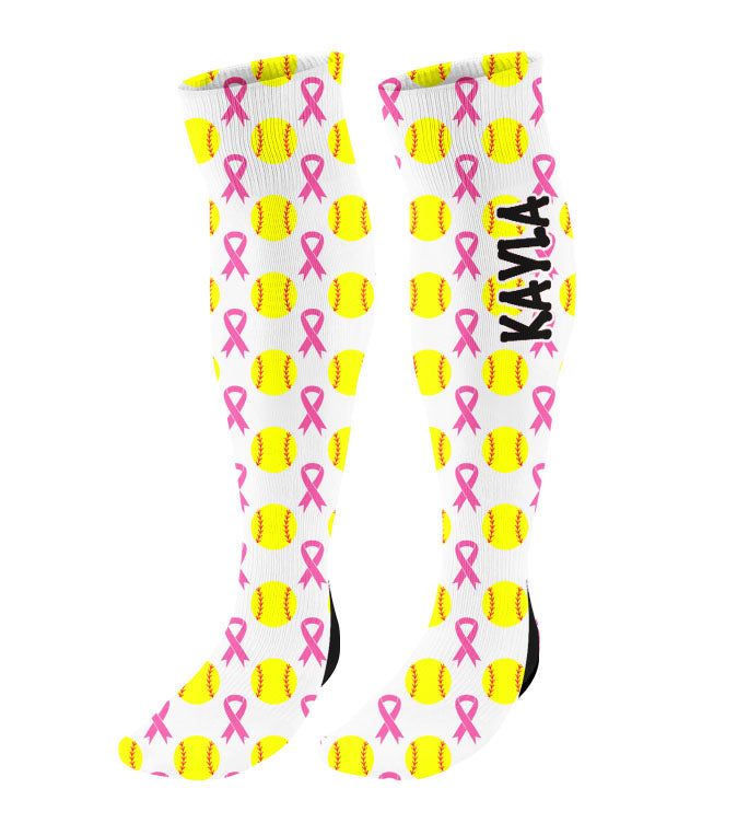 Personalized Softball Breast Cancer Awareness Ribbon Knee High Socks