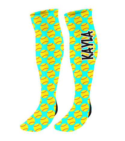 Personalized Softball Fastpitch Knee High Socks with Softball Hearts