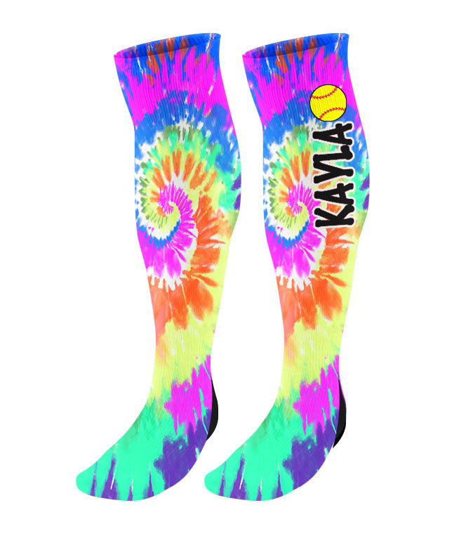 Personalized Tie Dye Softball Knee High Socks with Name