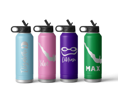 Engraved Swim Stainless Steel Water Bottle, Choose Your Customizations