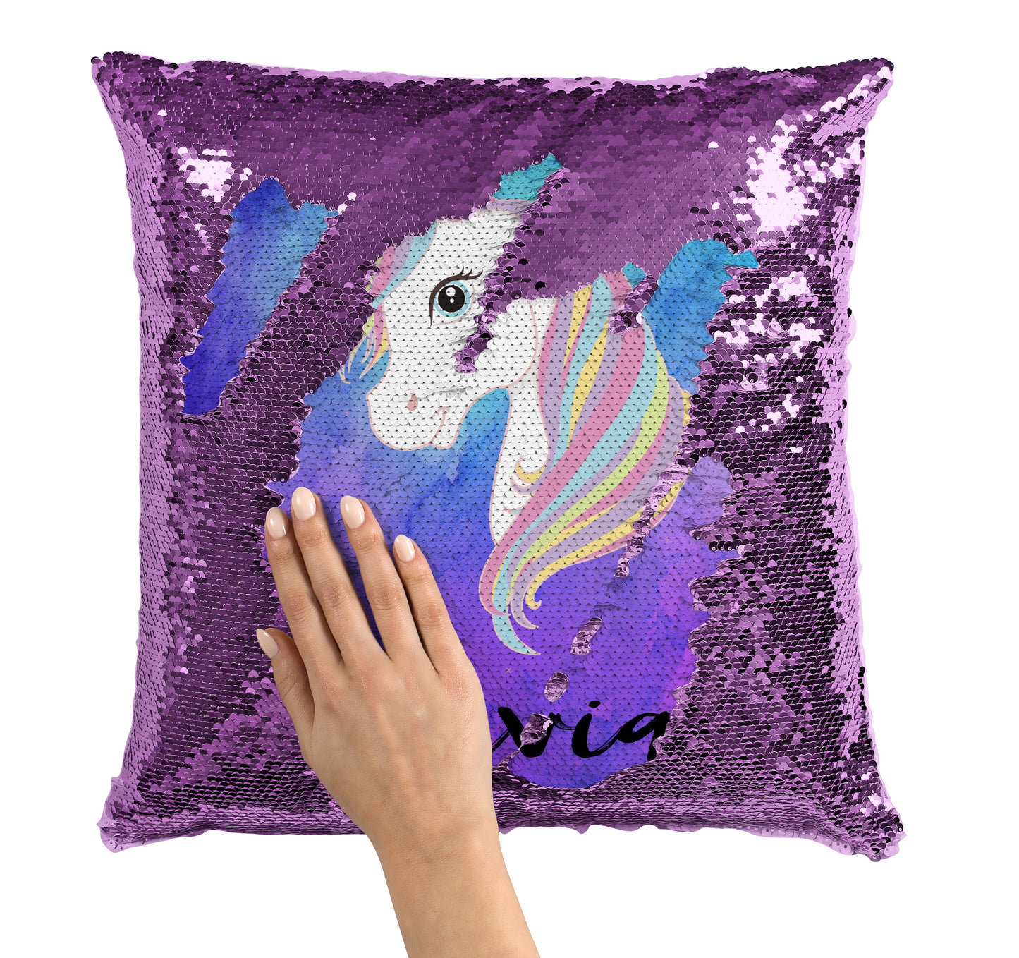 Custom Unicorn Sequin Mermaid Flip Pillow with Watercolors Background